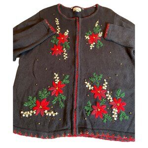 Kim Rogers Christmas Cardigan Sweater With Embroidered Poinsettias &‎ Beads